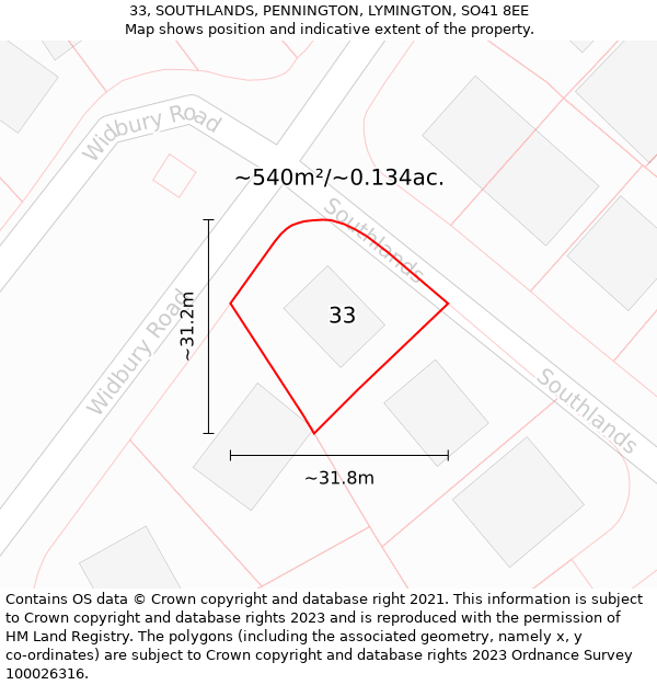 33, SOUTHLANDS, PENNINGTON, LYMINGTON, SO41 8EE: Plot and title map