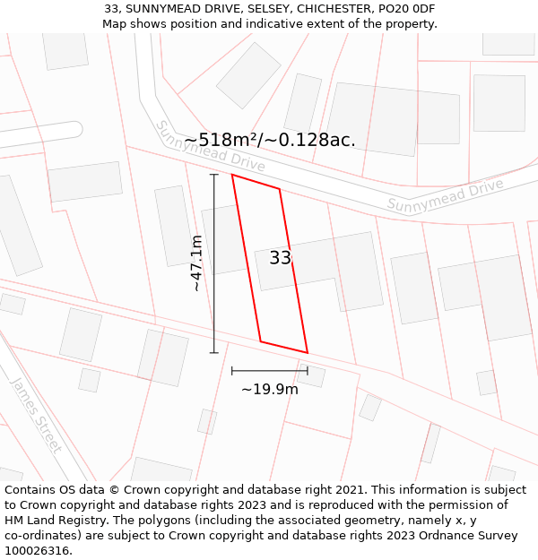 33, SUNNYMEAD DRIVE, SELSEY, CHICHESTER, PO20 0DF: Plot and title map