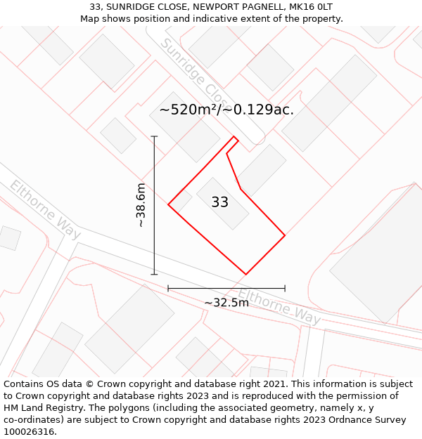 33, SUNRIDGE CLOSE, NEWPORT PAGNELL, MK16 0LT: Plot and title map