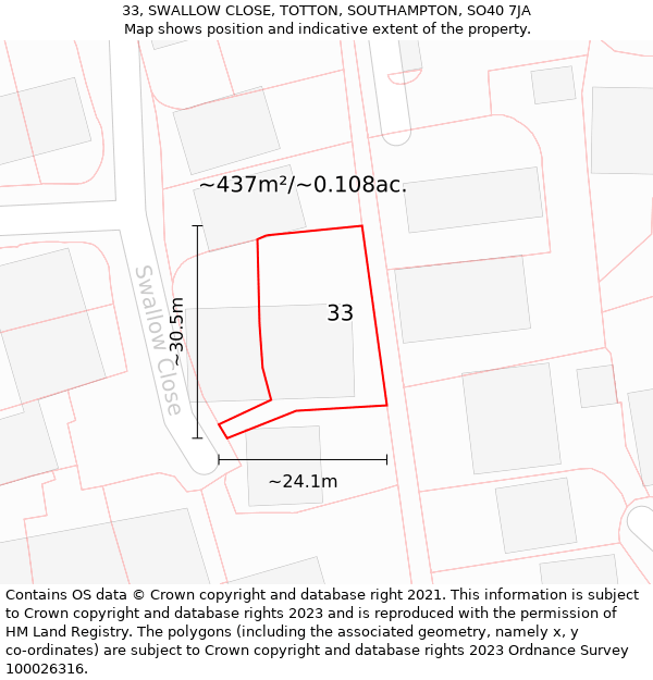 33, SWALLOW CLOSE, TOTTON, SOUTHAMPTON, SO40 7JA: Plot and title map