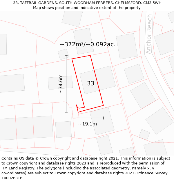 33, TAFFRAIL GARDENS, SOUTH WOODHAM FERRERS, CHELMSFORD, CM3 5WH: Plot and title map