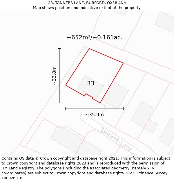 33, TANNERS LANE, BURFORD, OX18 4NA: Plot and title map