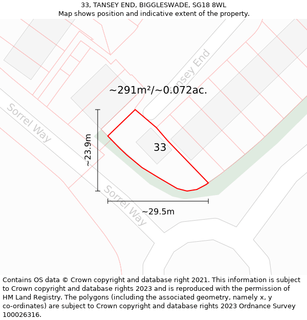 33, TANSEY END, BIGGLESWADE, SG18 8WL: Plot and title map