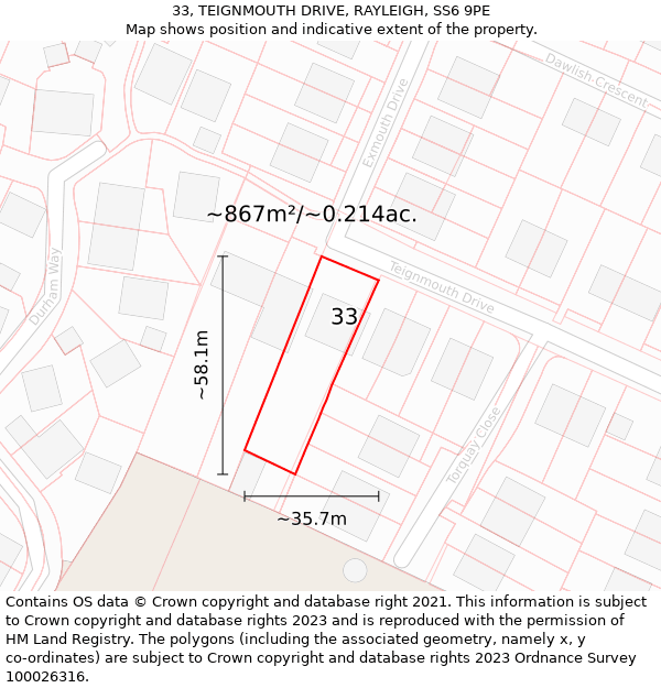 33, TEIGNMOUTH DRIVE, RAYLEIGH, SS6 9PE: Plot and title map