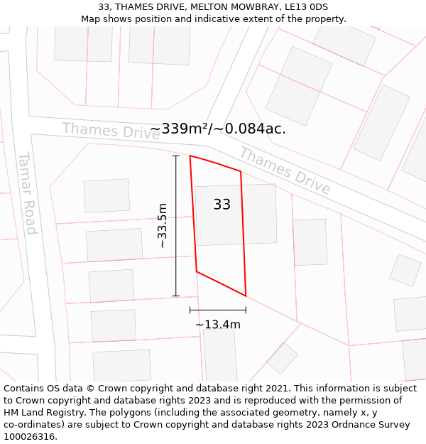 33, THAMES DRIVE, MELTON MOWBRAY, LE13 0DS: Plot and title map