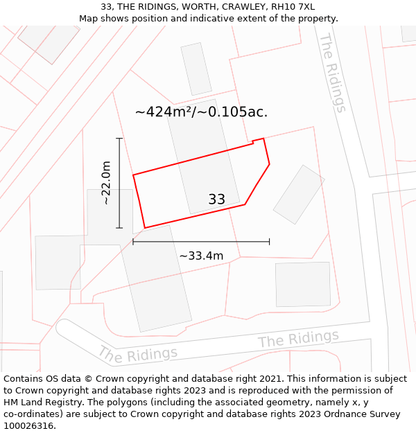 33, THE RIDINGS, WORTH, CRAWLEY, RH10 7XL: Plot and title map