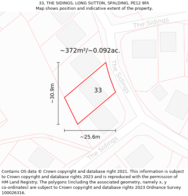 33, THE SIDINGS, LONG SUTTON, SPALDING, PE12 9FA: Plot and title map