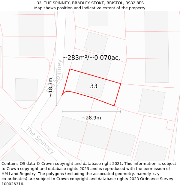 33, THE SPINNEY, BRADLEY STOKE, BRISTOL, BS32 8ES: Plot and title map