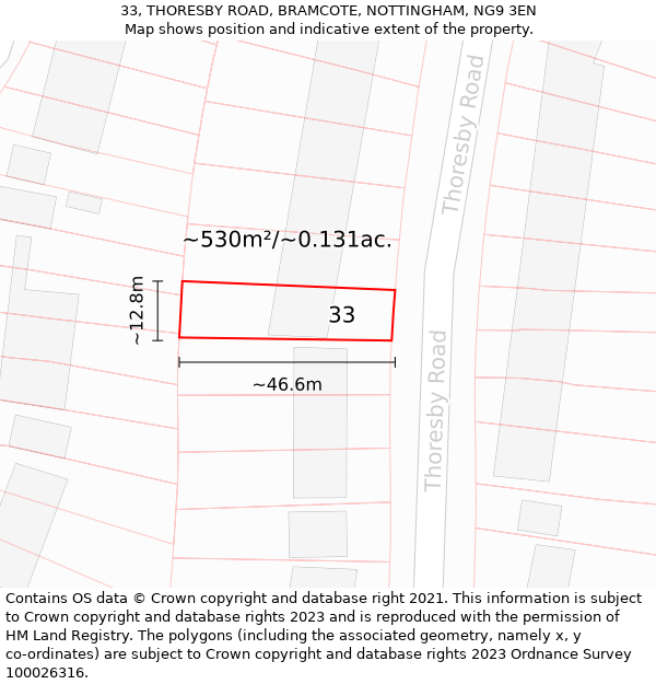 33, THORESBY ROAD, BRAMCOTE, NOTTINGHAM, NG9 3EN: Plot and title map