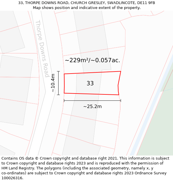 33, THORPE DOWNS ROAD, CHURCH GRESLEY, SWADLINCOTE, DE11 9FB: Plot and title map