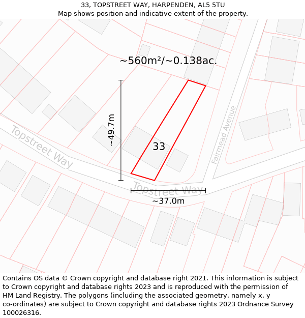 33, TOPSTREET WAY, HARPENDEN, AL5 5TU: Plot and title map