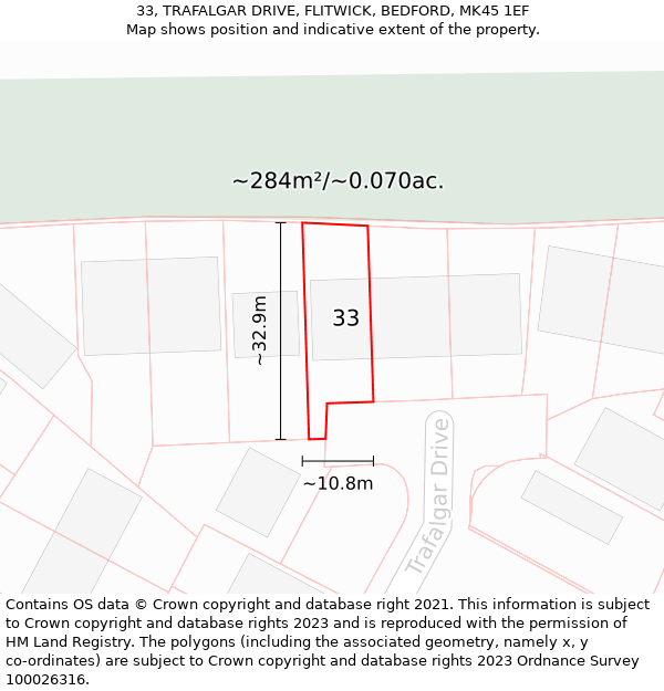 33, TRAFALGAR DRIVE, FLITWICK, BEDFORD, MK45 1EF: Plot and title map