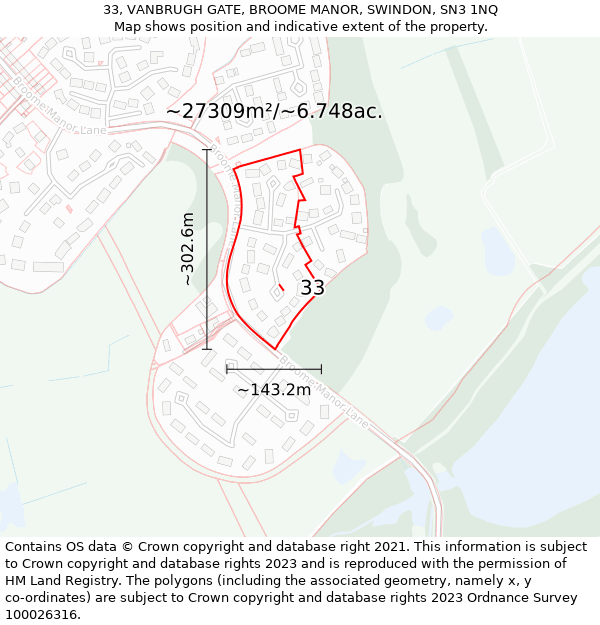 33, VANBRUGH GATE, BROOME MANOR, SWINDON, SN3 1NQ: Plot and title map