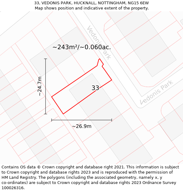 33, VEDONIS PARK, HUCKNALL, NOTTINGHAM, NG15 6EW: Plot and title map