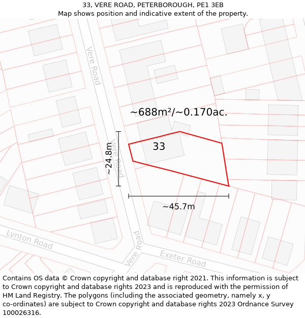 33, VERE ROAD, PETERBOROUGH, PE1 3EB: Plot and title map