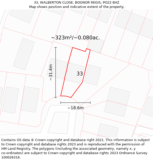 33, WALBERTON CLOSE, BOGNOR REGIS, PO22 8HZ: Plot and title map