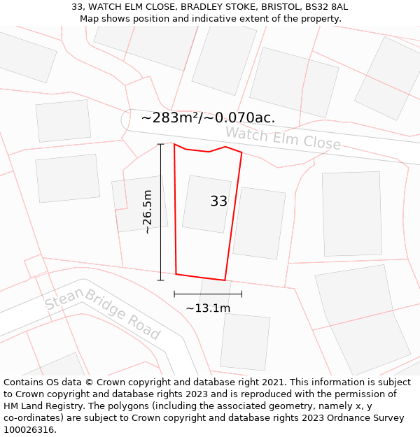 33, WATCH ELM CLOSE, BRADLEY STOKE, BRISTOL, BS32 8AL: Plot and title map