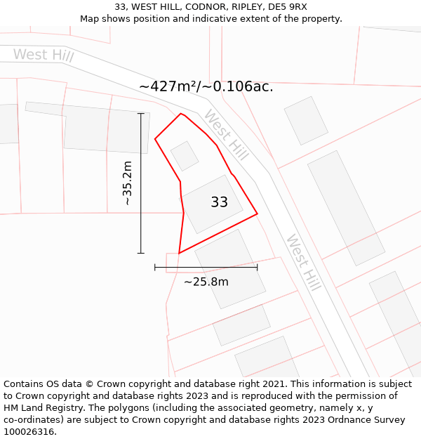 33, WEST HILL, CODNOR, RIPLEY, DE5 9RX: Plot and title map