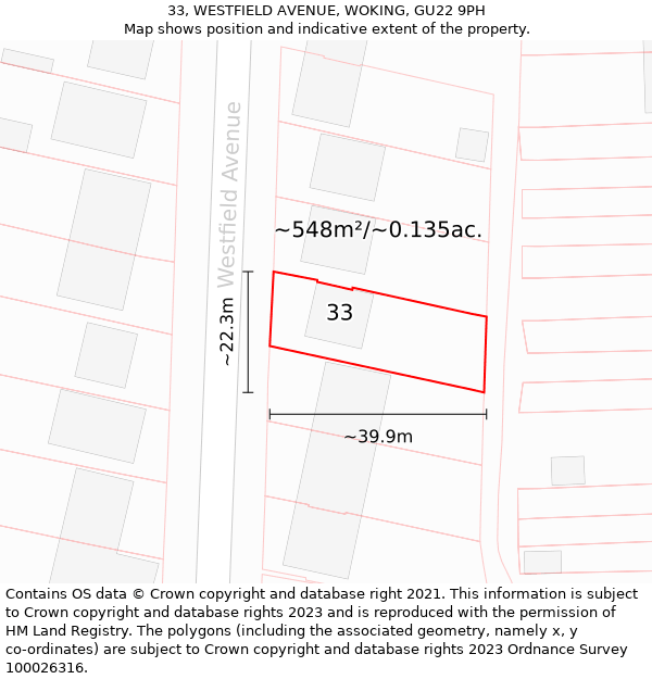 33, WESTFIELD AVENUE, WOKING, GU22 9PH: Plot and title map