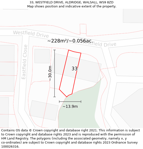 33, WESTFIELD DRIVE, ALDRIDGE, WALSALL, WS9 8ZD: Plot and title map