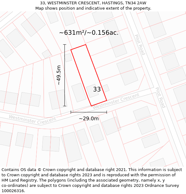 33, WESTMINSTER CRESCENT, HASTINGS, TN34 2AW: Plot and title map