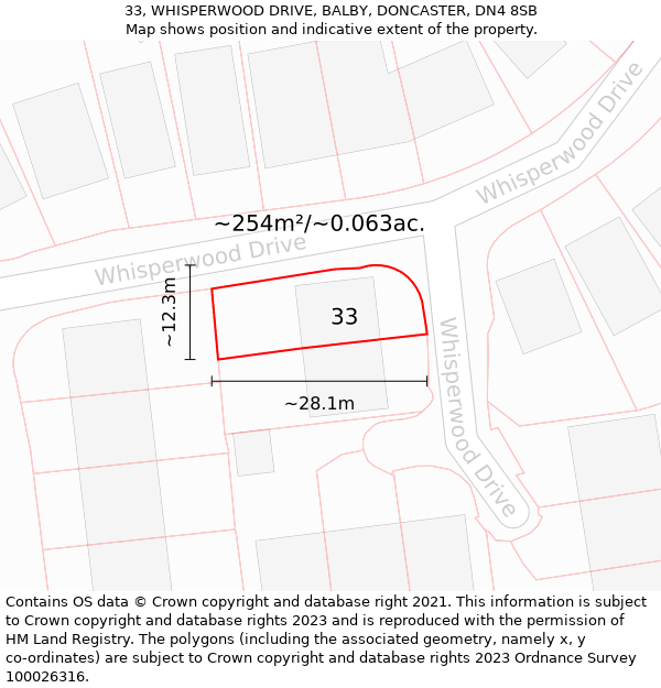 33, WHISPERWOOD DRIVE, BALBY, DONCASTER, DN4 8SB: Plot and title map