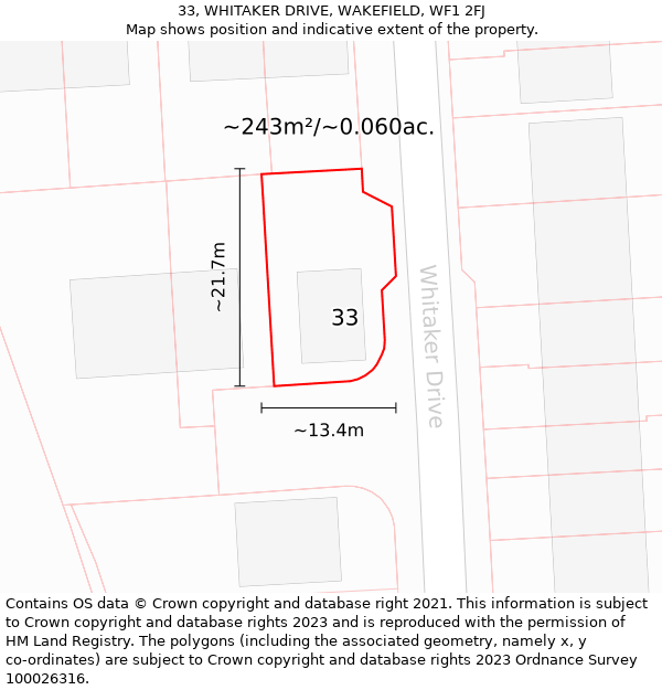 33, WHITAKER DRIVE, WAKEFIELD, WF1 2FJ: Plot and title map