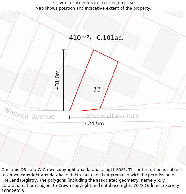 33, WHITEHILL AVENUE, LUTON, LU1 3SP: Plot and title map