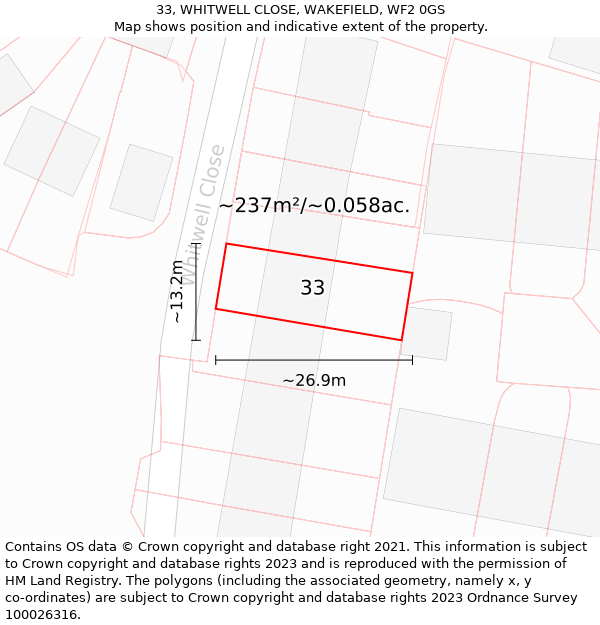 33, WHITWELL CLOSE, WAKEFIELD, WF2 0GS: Plot and title map