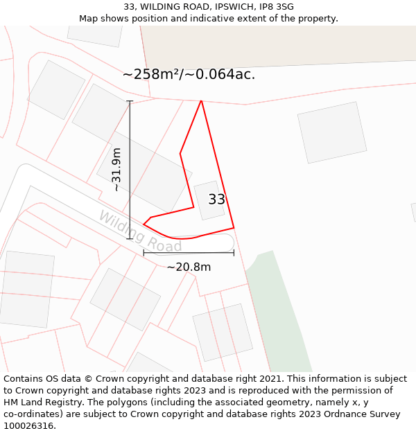 33, WILDING ROAD, IPSWICH, IP8 3SG: Plot and title map