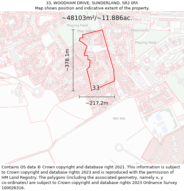 33, WOODHAM DRIVE, SUNDERLAND, SR2 0FA: Plot and title map