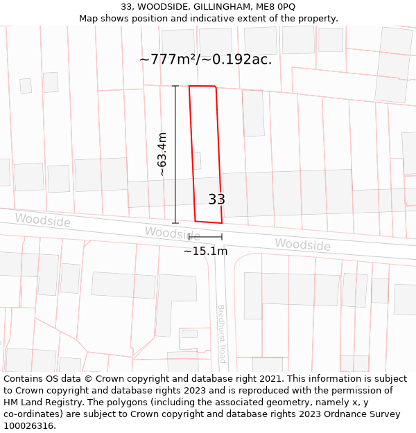 33, WOODSIDE, GILLINGHAM, ME8 0PQ: Plot and title map