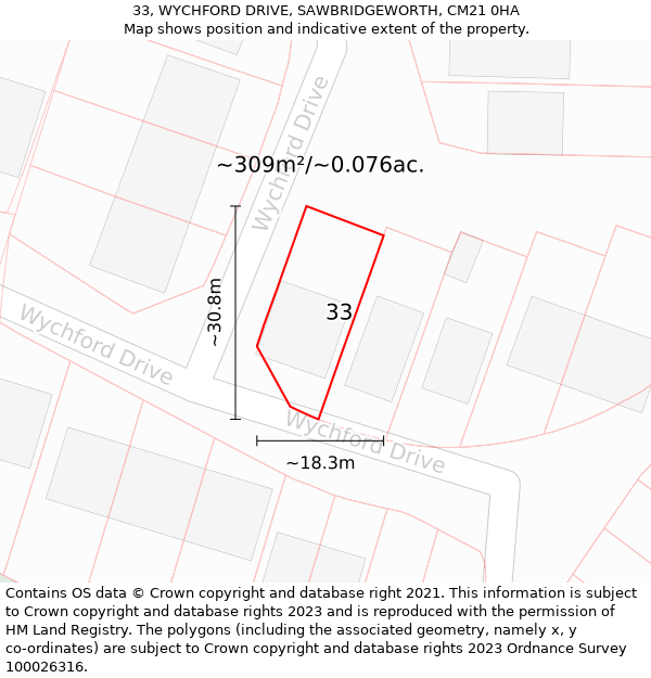 33, WYCHFORD DRIVE, SAWBRIDGEWORTH, CM21 0HA: Plot and title map