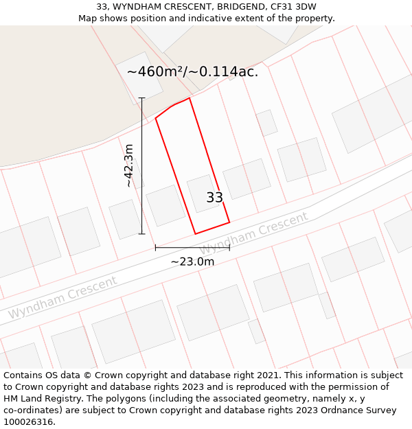 33, WYNDHAM CRESCENT, BRIDGEND, CF31 3DW: Plot and title map