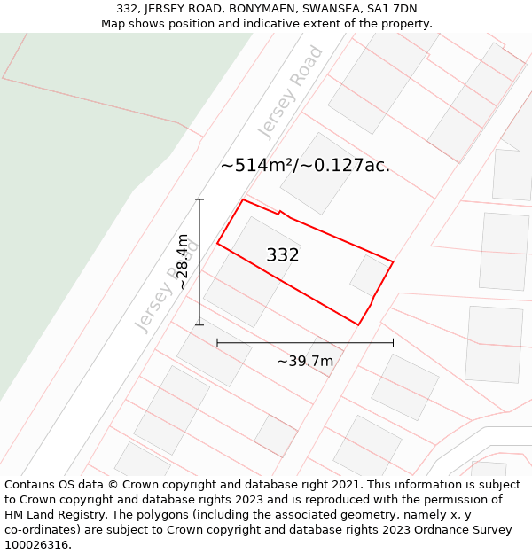 332, JERSEY ROAD, BONYMAEN, SWANSEA, SA1 7DN: Plot and title map