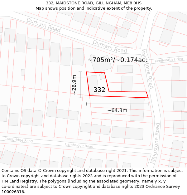 332, MAIDSTONE ROAD, GILLINGHAM, ME8 0HS: Plot and title map