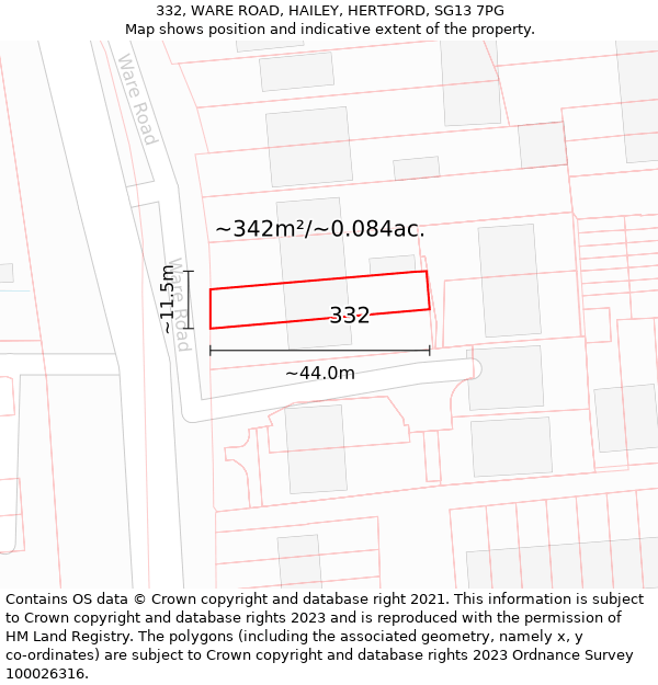 332, WARE ROAD, HAILEY, HERTFORD, SG13 7PG: Plot and title map