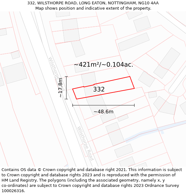 332, WILSTHORPE ROAD, LONG EATON, NOTTINGHAM, NG10 4AA: Plot and title map