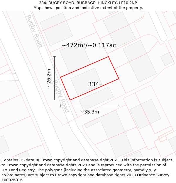 334, RUGBY ROAD, BURBAGE, HINCKLEY, LE10 2NP: Plot and title map