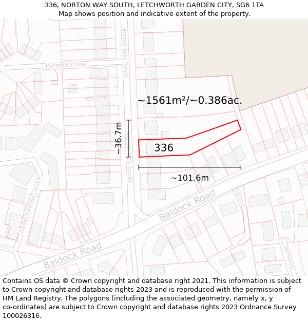 336, NORTON WAY SOUTH, LETCHWORTH GARDEN CITY, SG6 1TA: Plot and title map