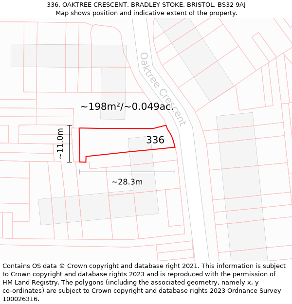 336, OAKTREE CRESCENT, BRADLEY STOKE, BRISTOL, BS32 9AJ: Plot and title map