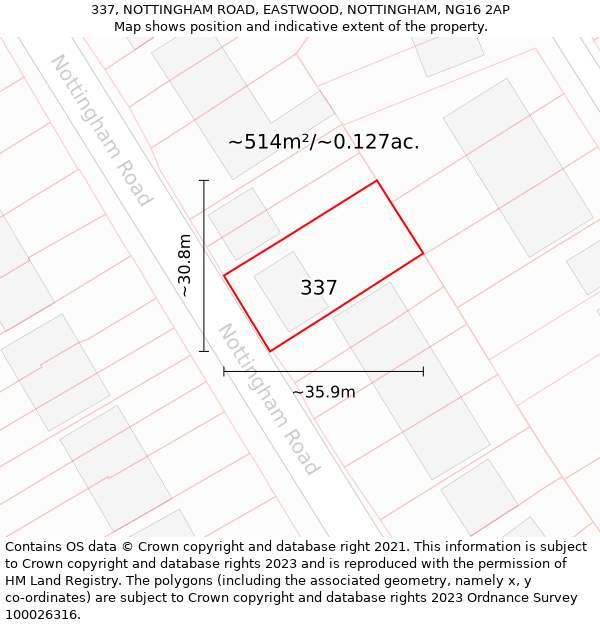 337, NOTTINGHAM ROAD, EASTWOOD, NOTTINGHAM, NG16 2AP: Plot and title map