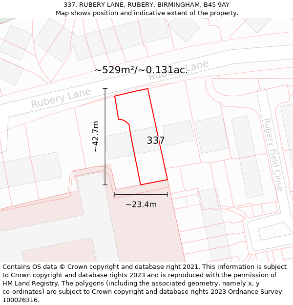 337, RUBERY LANE, RUBERY, BIRMINGHAM, B45 9AY: Plot and title map