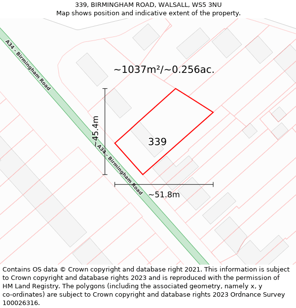 339, BIRMINGHAM ROAD, WALSALL, WS5 3NU: Plot and title map