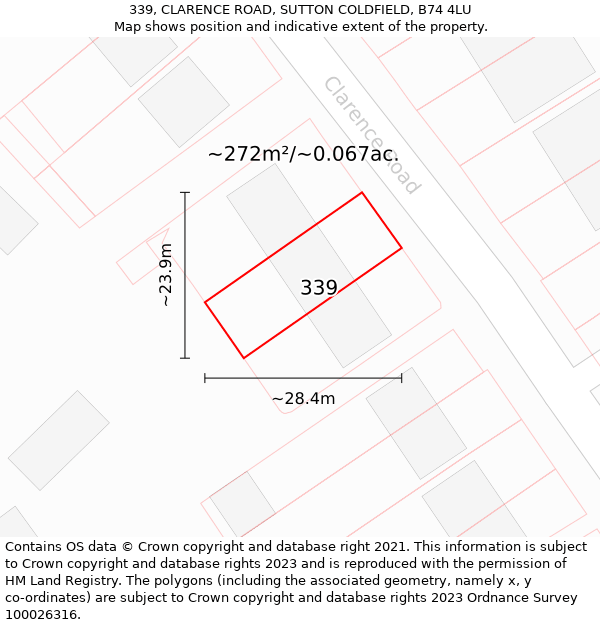 339, CLARENCE ROAD, SUTTON COLDFIELD, B74 4LU: Plot and title map