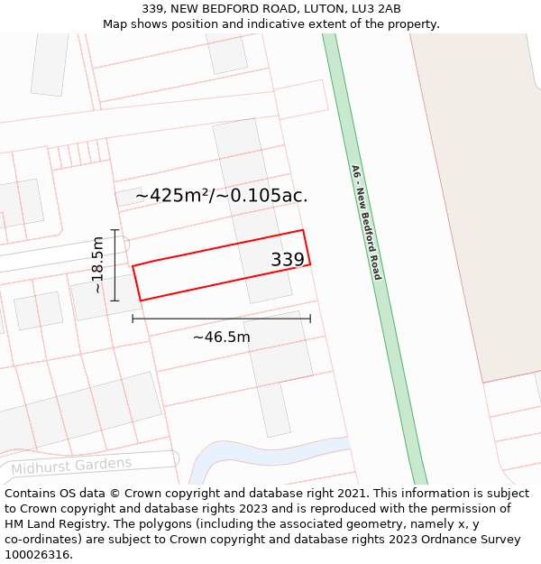 339, NEW BEDFORD ROAD, LUTON, LU3 2AB: Plot and title map