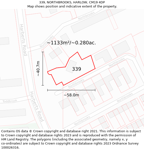 339, NORTHBROOKS, HARLOW, CM19 4DP: Plot and title map