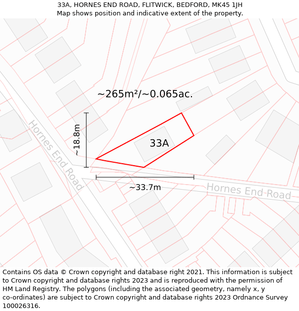 33A, HORNES END ROAD, FLITWICK, BEDFORD, MK45 1JH: Plot and title map