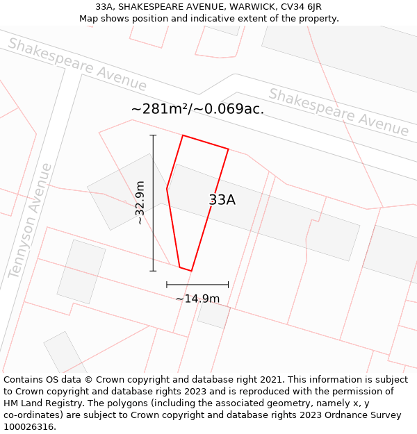 33A, SHAKESPEARE AVENUE, WARWICK, CV34 6JR: Plot and title map