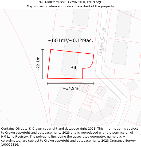 34, ABBEY CLOSE, AXMINSTER, EX13 5QU: Plot and title map